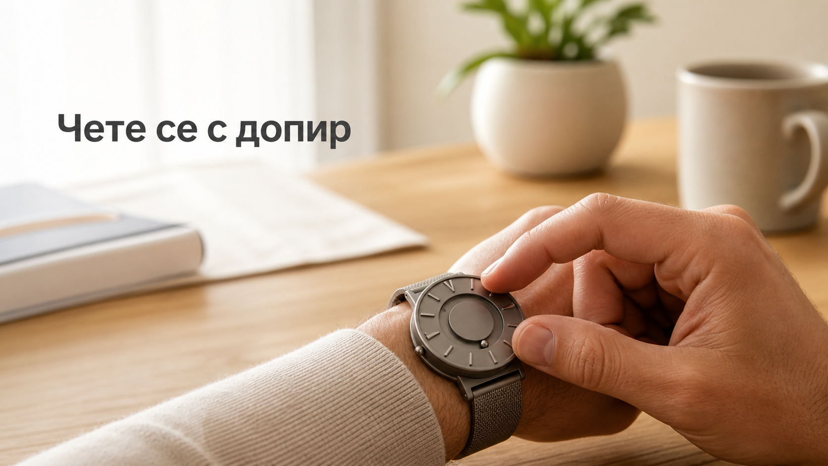 Пръсти докосват минималистичен тактилен часовник с релефни маркери и метални топчета